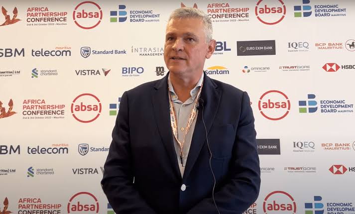 Arnaud Lagesse being interviewed at a regional business conference in Mauritius